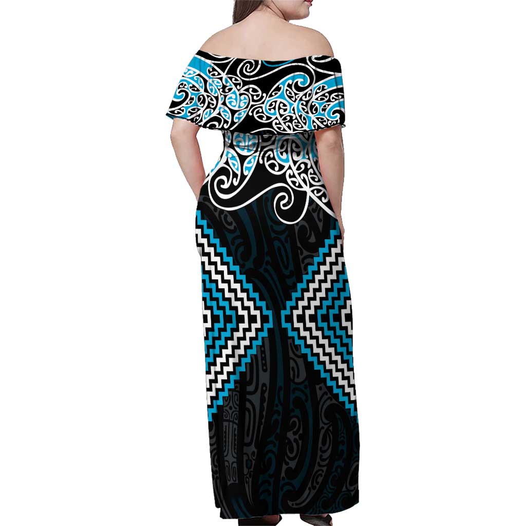 Blue Aotearoa Tukutuku Manawa Tapu Family Matching Off Shoulder Maxi Dress and Hawaiian Shirt Ta Moko Toi Maori LT9 - Polynesian Pride