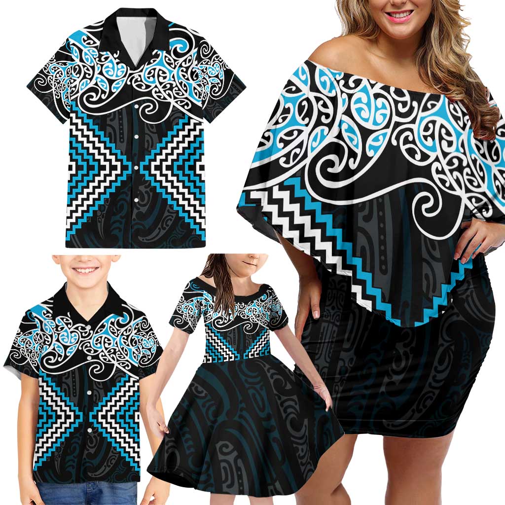 Blue Aotearoa Tukutuku Manawa Tapu Family Matching Off Shoulder Short Dress and Hawaiian Shirt Ta Moko Toi Maori LT9 - Polynesian Pride