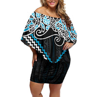 Blue Aotearoa Tukutuku Manawa Tapu Family Matching Off Shoulder Short Dress and Hawaiian Shirt Ta Moko Toi Maori LT9 Mom's Dress Blue - Polynesian Pride