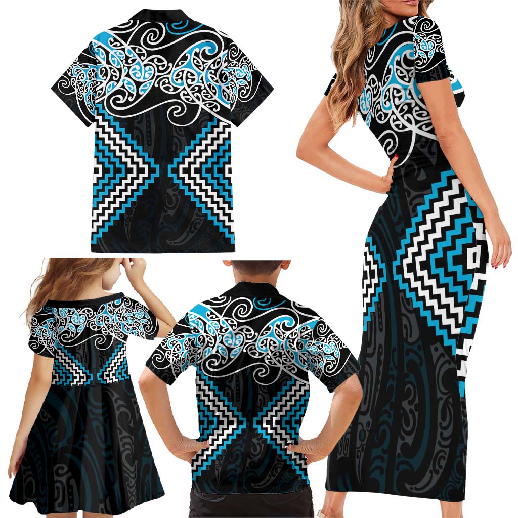 Blue Aotearoa Tukutuku Manawa Tapu Family Matching Short Sleeve Bodycon Dress and Hawaiian Shirt Ta Moko Toi Maori LT9 - Polynesian Pride