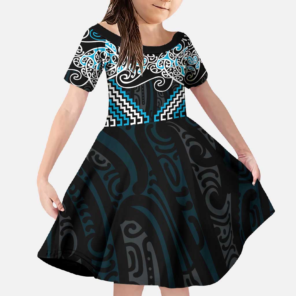 Blue Aotearoa Tukutuku Manawa Tapu Family Matching Summer Maxi Dress and Hawaiian Shirt Ta Moko Toi Maori LT9 Daughter's Dress Blue - Polynesian Pride