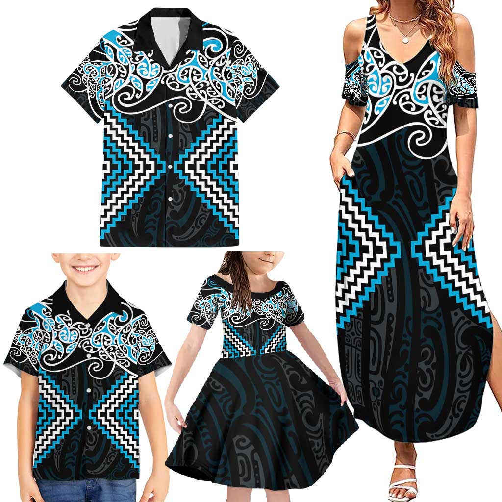 Blue Aotearoa Tukutuku Manawa Tapu Family Matching Summer Maxi Dress and Hawaiian Shirt Ta Moko Toi Maori LT9 - Polynesian Pride
