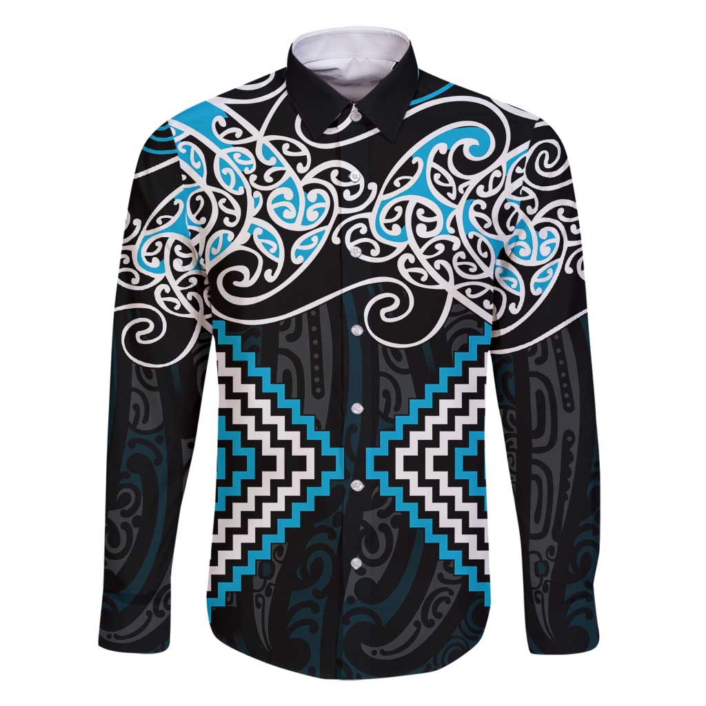 Blue Aotearoa Tukutuku Manawa Tapu Family Matching Summer Maxi Dress and Hawaiian Shirt Ta Moko Toi Maori LT9 Dad's Shirt - Long Sleeve Blue - Polynesian Pride