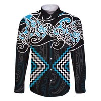 Blue Aotearoa Tukutuku Manawa Tapu Family Matching Tank Maxi Dress and Hawaiian Shirt Ta Moko Toi Maori LT9 Dad's Shirt - Long Sleeve Blue - Polynesian Pride