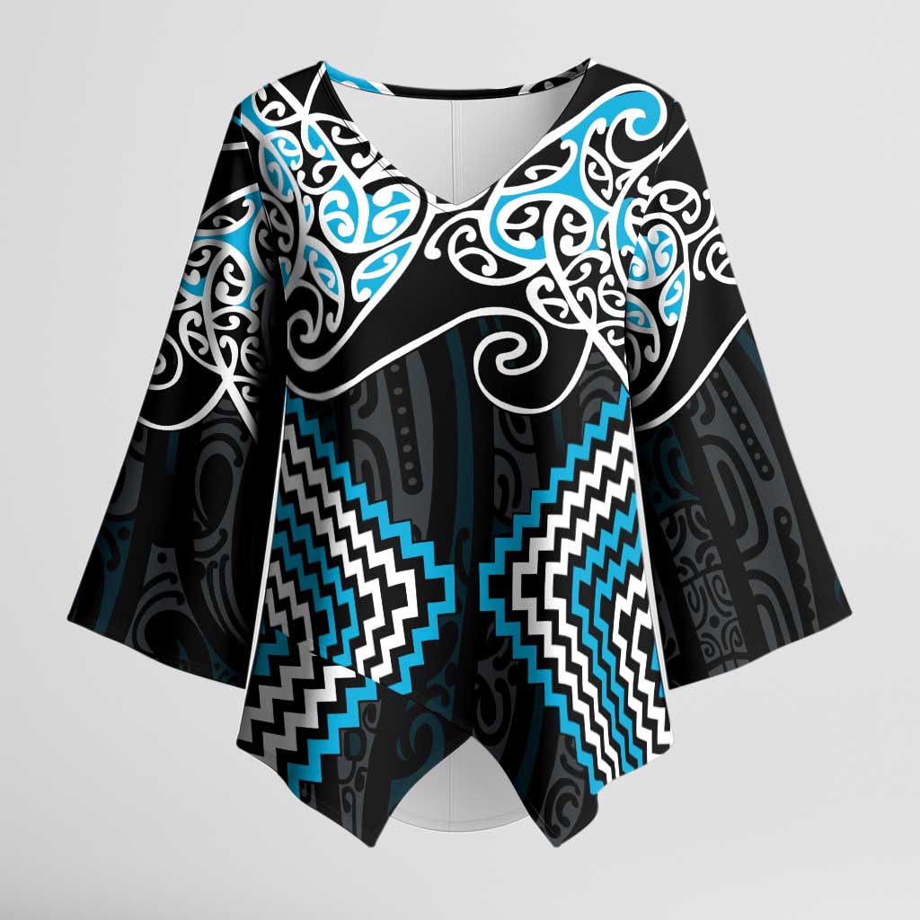 Blue Aotearoa Tukutuku Manawa Tapu Kimono Sleeve Blouse Ta Moko Toi Maori LT9 Female Blue - Polynesian Pride