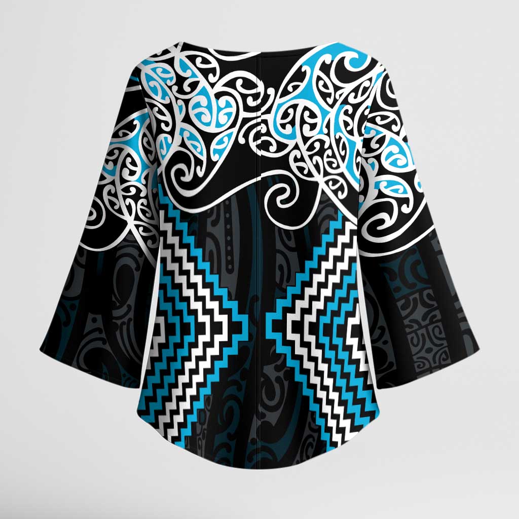 Blue Aotearoa Tukutuku Manawa Tapu Kimono Sleeve Blouse Ta Moko Toi Maori LT9 - Polynesian Pride