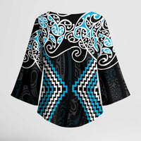 Blue Aotearoa Tukutuku Manawa Tapu Kimono Sleeve Blouse Ta Moko Toi Maori LT9 - Polynesian Pride