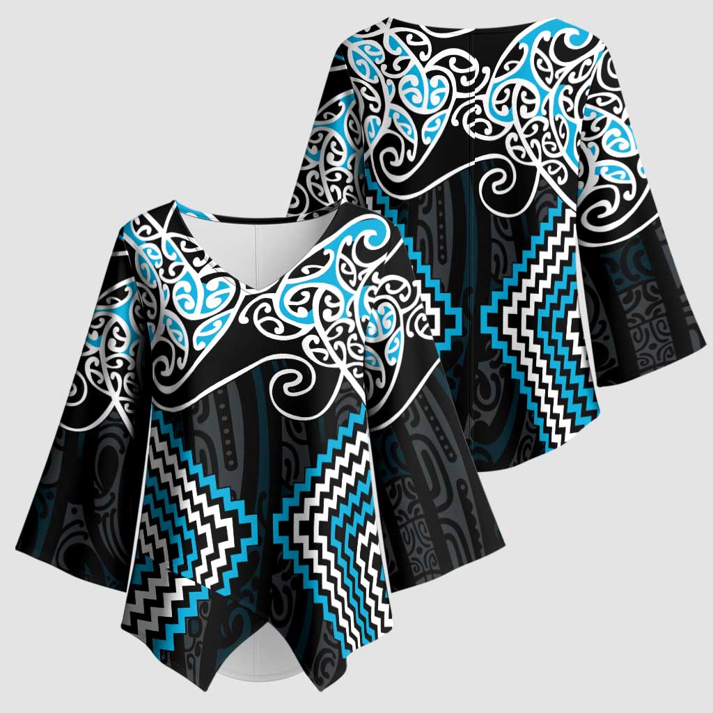 Blue Aotearoa Tukutuku Manawa Tapu Kimono Sleeve Blouse Ta Moko Toi Maori LT9 - Polynesian Pride