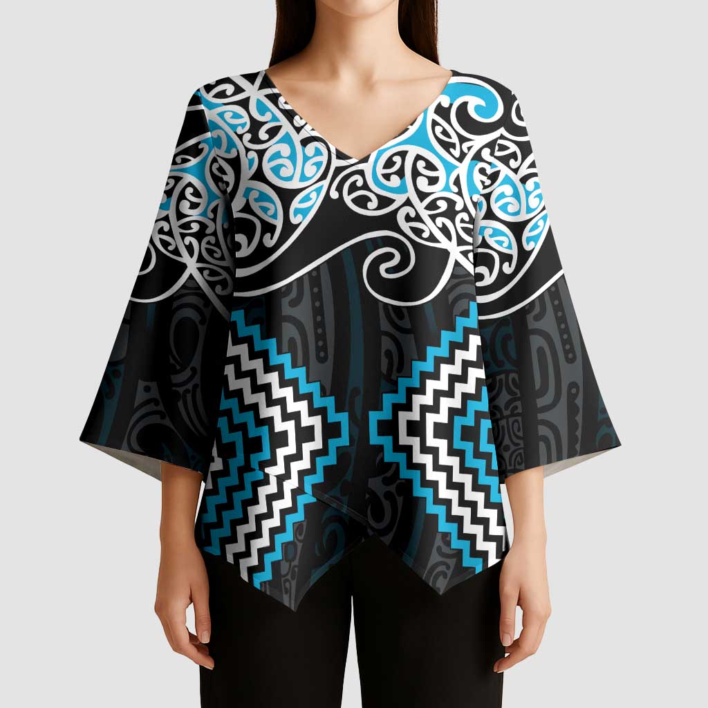 Blue Aotearoa Tukutuku Manawa Tapu Kimono Sleeve Blouse Ta Moko Toi Maori LT9 - Polynesian Pride