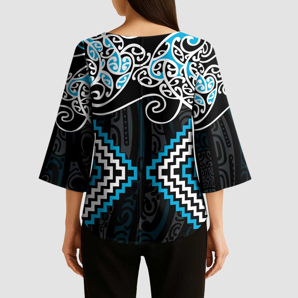 Blue Aotearoa Tukutuku Manawa Tapu Kimono Sleeve Blouse Ta Moko Toi Maori LT9 - Polynesian Pride