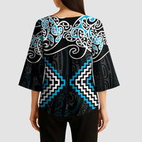 Blue Aotearoa Tukutuku Manawa Tapu Kimono Sleeve Blouse Ta Moko Toi Maori LT9 - Polynesian Pride