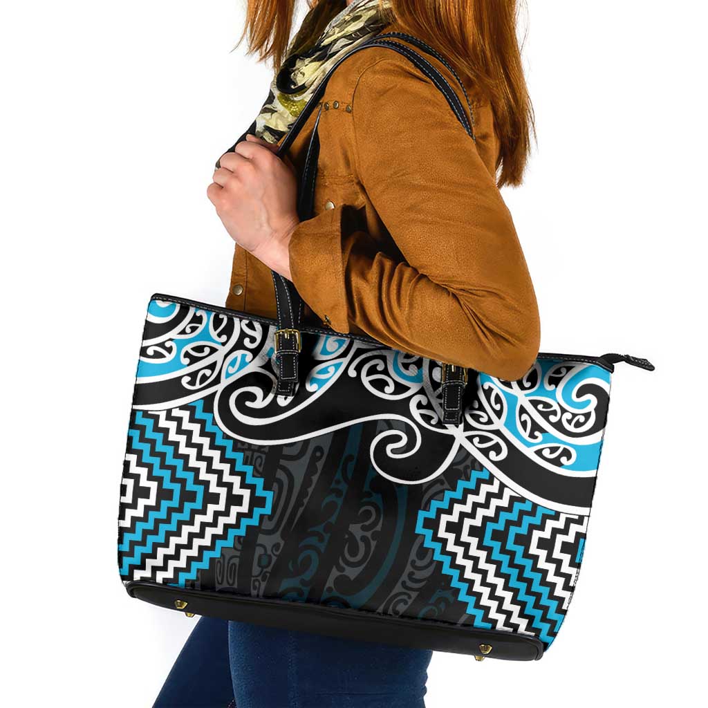 Blue Aotearoa Tukutuku Manawa Tapu Leather Tote Bag Ta Moko Toi Maori LT9 Blue - Polynesian Pride