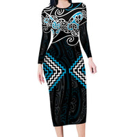 Blue Aotearoa Tukutuku Manawa Tapu Long Sleeve Bodycon Dress Ta Moko Toi Maori LT9 Long Dress Blue - Polynesian Pride