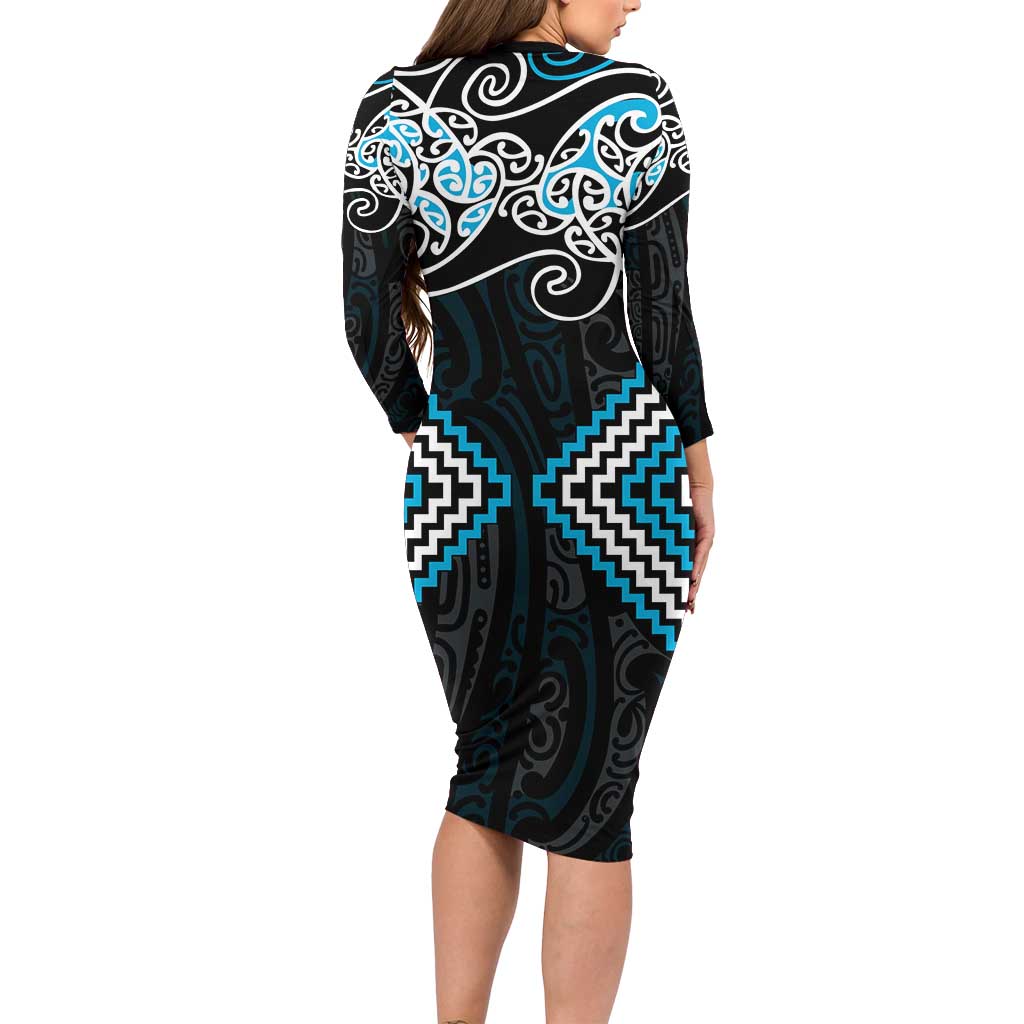 Blue Aotearoa Tukutuku Manawa Tapu Long Sleeve Bodycon Dress Ta Moko Toi Maori LT9 - Polynesian Pride