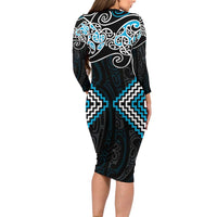 Blue Aotearoa Tukutuku Manawa Tapu Long Sleeve Bodycon Dress Ta Moko Toi Maori LT9 - Polynesian Pride
