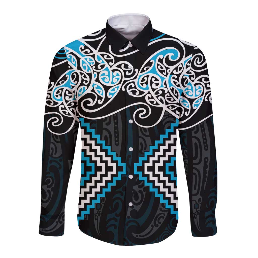 Blue Aotearoa Tukutuku Manawa Tapu Long Sleeve Button Shirt Ta Moko Toi Maori LT9 Unisex Blue - Polynesian Pride