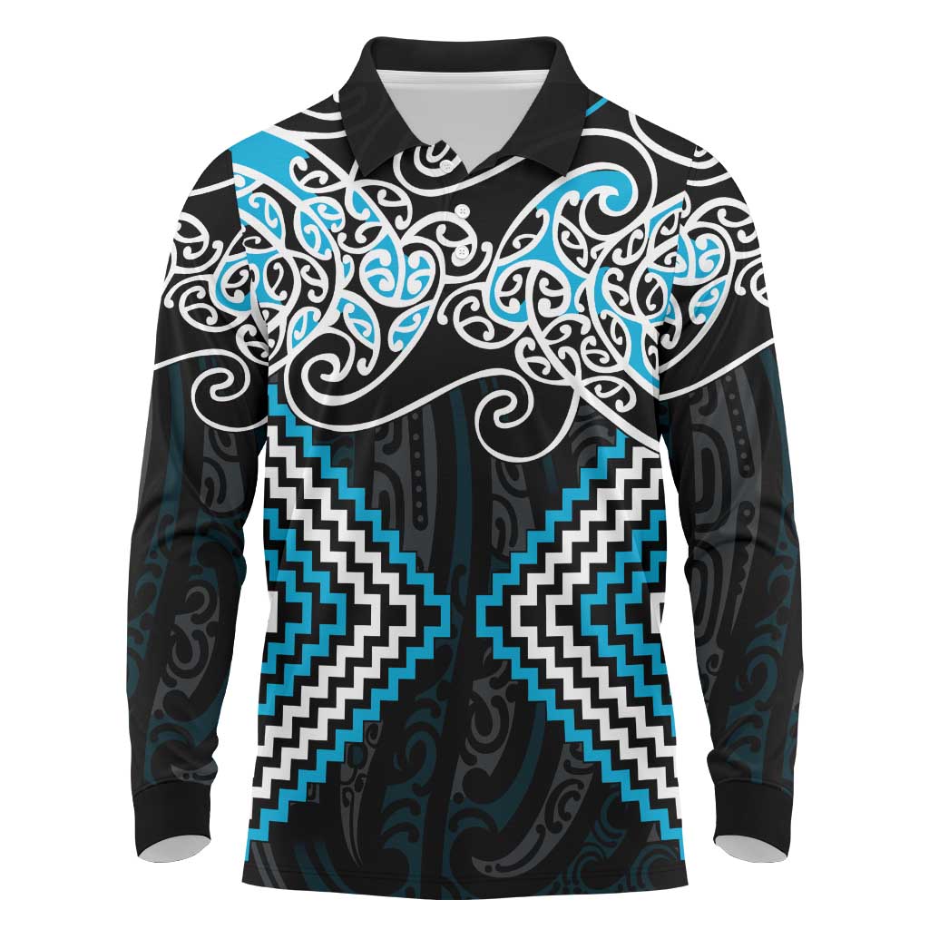 Blue Aotearoa Tukutuku Manawa Tapu Long Sleeve Polo Shirt Ta Moko Toi Maori LT9 Blue - Polynesian Pride