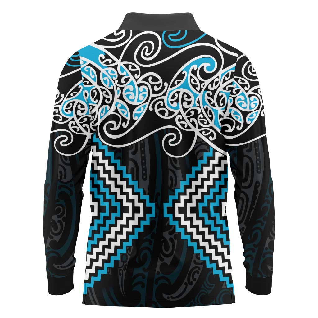 Blue Aotearoa Tukutuku Manawa Tapu Long Sleeve Polo Shirt Ta Moko Toi Maori LT9 - Polynesian Pride