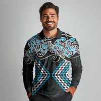 Blue Aotearoa Tukutuku Manawa Tapu Long Sleeve Polo Shirt Ta Moko Toi Maori LT9 - Polynesian Pride