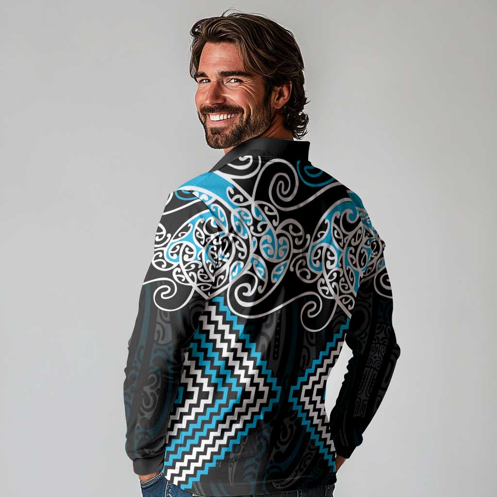Blue Aotearoa Tukutuku Manawa Tapu Long Sleeve Polo Shirt Ta Moko Toi Maori LT9 - Polynesian Pride