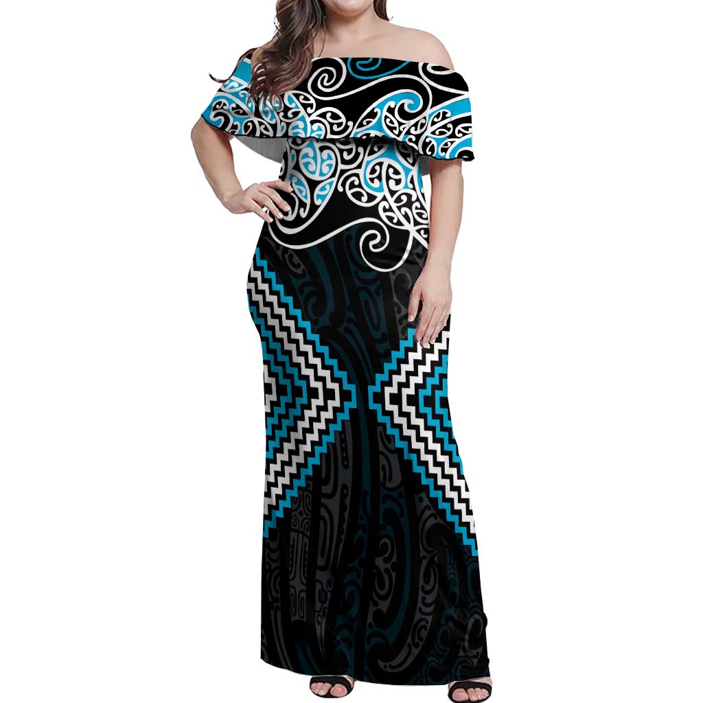 Blue Aotearoa Tukutuku Manawa Tapu Off Shoulder Maxi Dress Ta Moko Toi Maori LT9 Women Blue - Polynesian Pride
