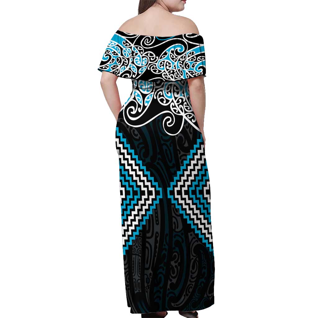 Blue Aotearoa Tukutuku Manawa Tapu Off Shoulder Maxi Dress Ta Moko Toi Maori LT9 - Polynesian Pride