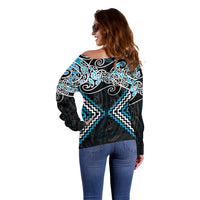 Blue Aotearoa Tukutuku Manawa Tapu Off Shoulder Sweater Ta Moko Toi Maori