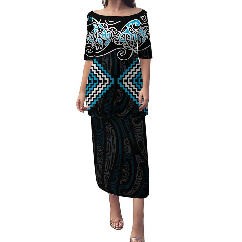 Blue Aotearoa Tukutuku Manawa Tapu Puletasi Ta Moko Toi Maori LT9 Long Dress Blue - Polynesian Pride