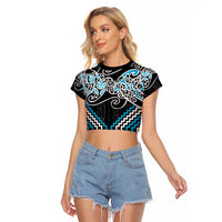 Blue Aotearoa Tukutuku Manawa Tapu Raglan Cropped T Shirt Ta Moko Toi Maori LT9 Female Blue - Polynesian Pride