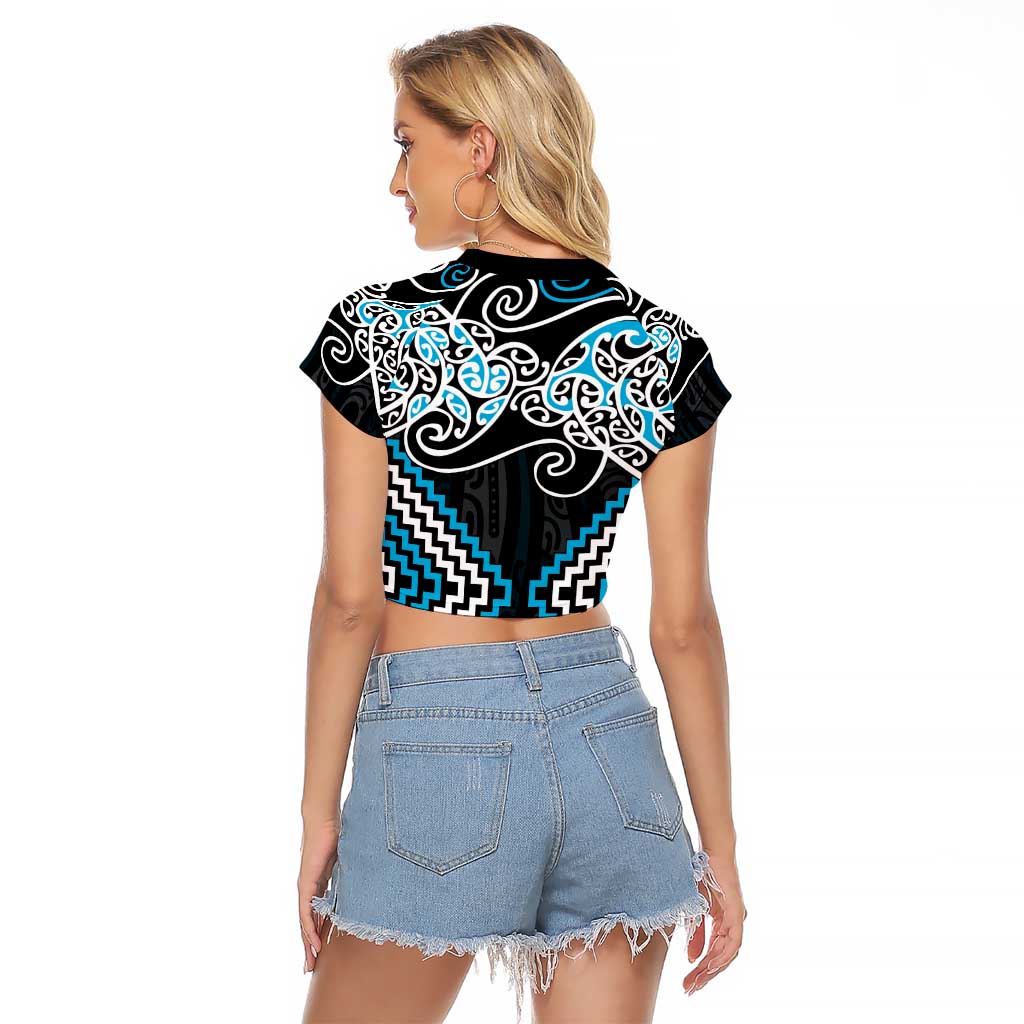 Blue Aotearoa Tukutuku Manawa Tapu Raglan Cropped T Shirt Ta Moko Toi Maori LT9 - Polynesian Pride