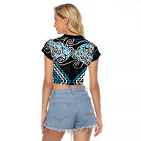 Blue Aotearoa Tukutuku Manawa Tapu Raglan Cropped T Shirt Ta Moko Toi Maori LT9 - Polynesian Pride