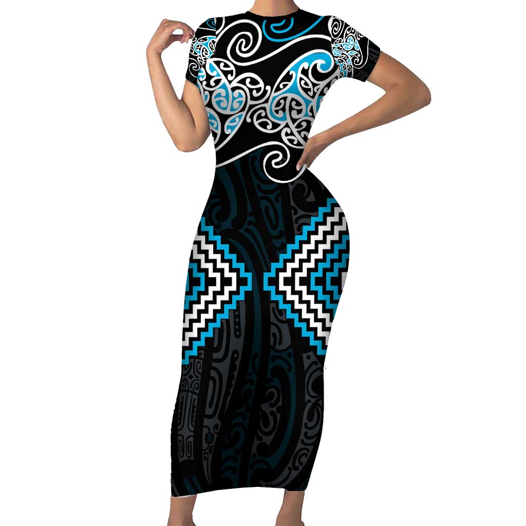 Blue Aotearoa Tukutuku Manawa Tapu Short Sleeve Bodycon Dress Ta Moko Toi Maori LT9 Long Dress Blue - Polynesian Pride