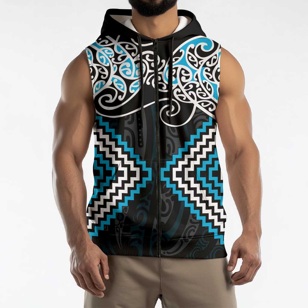 Blue Aotearoa Tukutuku Manawa Tapu Sleeveless Zip Hoodie Ta Moko Toi Maori LT9 - Polynesian Pride