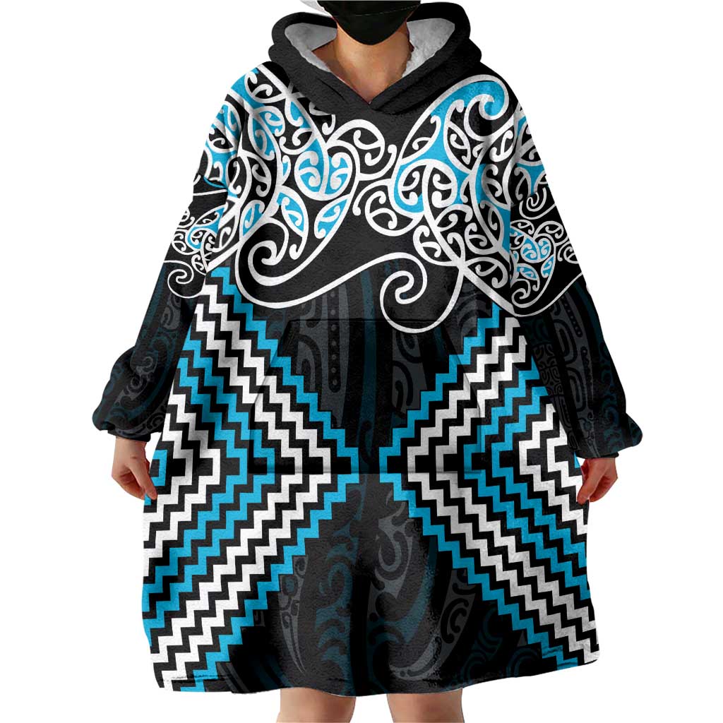 Blue Aotearoa Tukutuku Manawa Tapu Wearable Blanket Hoodie Ta Moko Toi Maori LT9 - Polynesian Pride