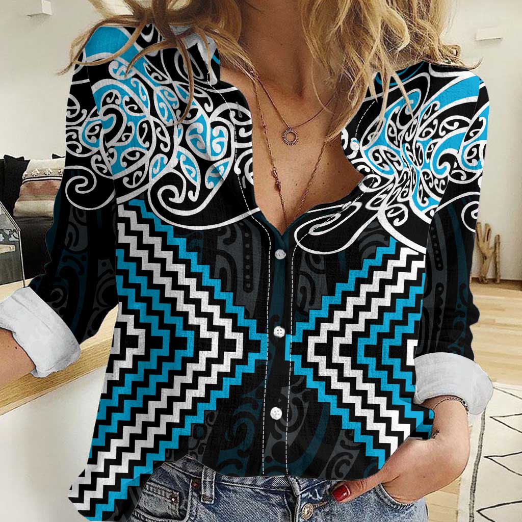 Blue Aotearoa Tukutuku Manawa Tapu Women Casual Shirt Ta Moko Toi Maori LT9 Female Blue - Polynesian Pride