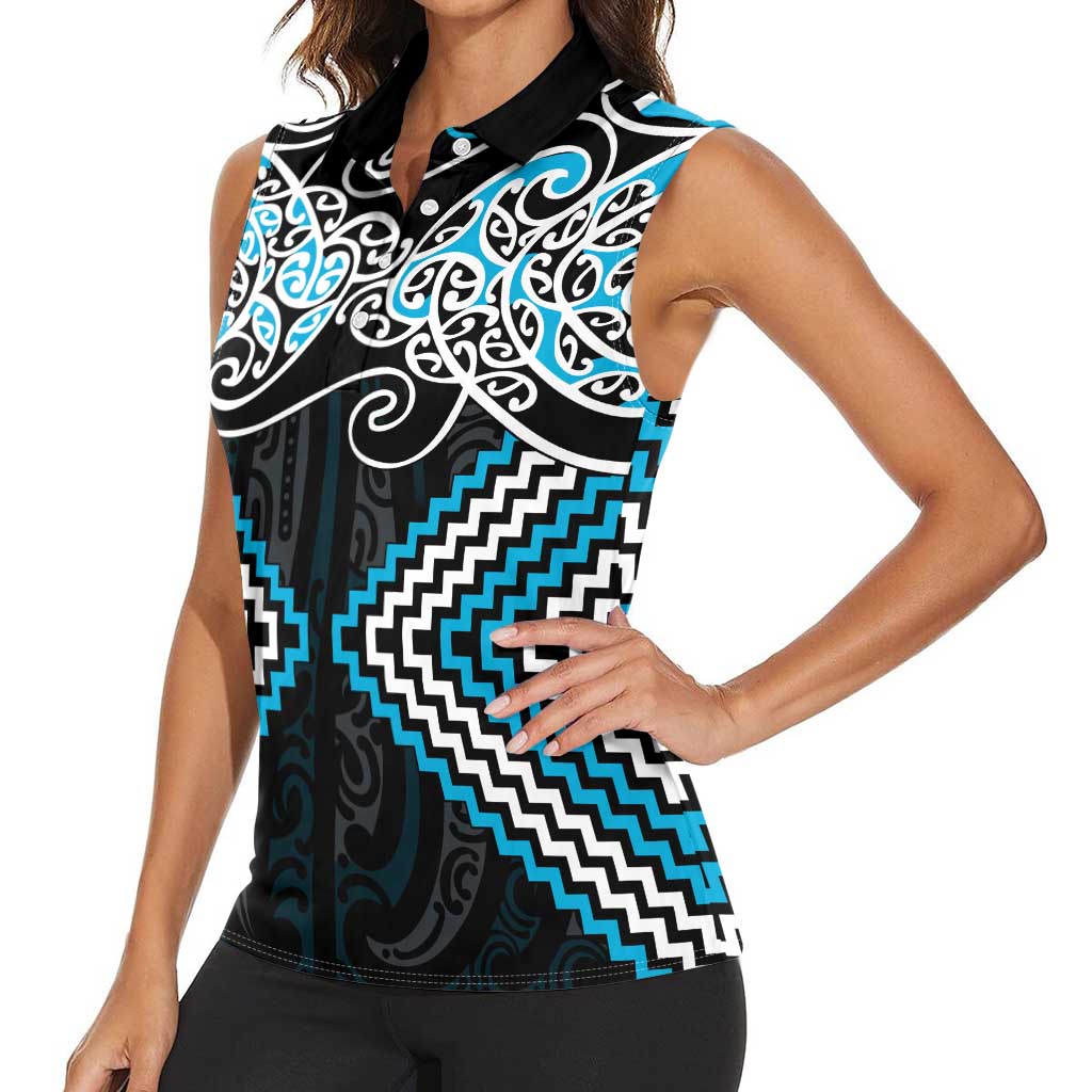 Blue Aotearoa Tukutuku Manawa Tapu Women Sleeveless Polo Shirt Ta Moko Toi Maori LT9 - Polynesian Pride
