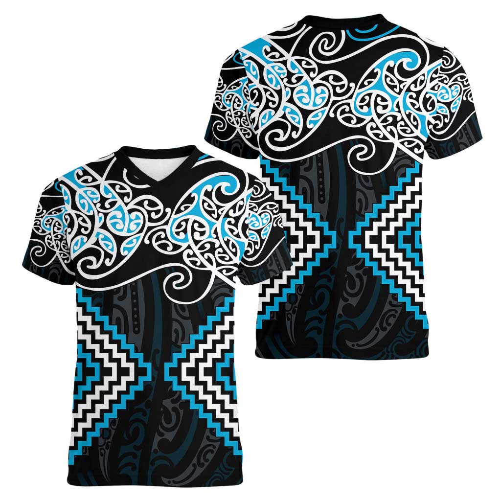 Blue Aotearoa Tukutuku Manawa Tapu Women V-Neck T-Shirt Ta Moko Toi Maori LT9 - Polynesian Pride