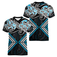 Blue Aotearoa Tukutuku Manawa Tapu Women V-Neck T-Shirt Ta Moko Toi Maori LT9 - Polynesian Pride