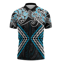 Blue Aotearoa Tukutuku Manawa Tapu Zipper Polo Shirt Ta Moko Toi Maori LT9 Blue - Polynesian Pride