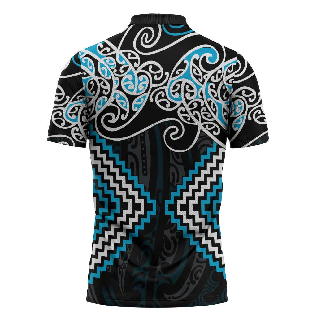 Blue Aotearoa Tukutuku Manawa Tapu Zipper Polo Shirt Ta Moko Toi Maori LT9 - Polynesian Pride