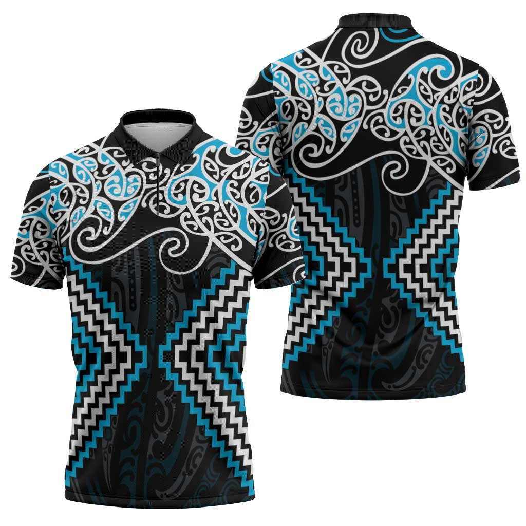 Blue Aotearoa Tukutuku Manawa Tapu Zipper Polo Shirt Ta Moko Toi Maori LT9 - Polynesian Pride