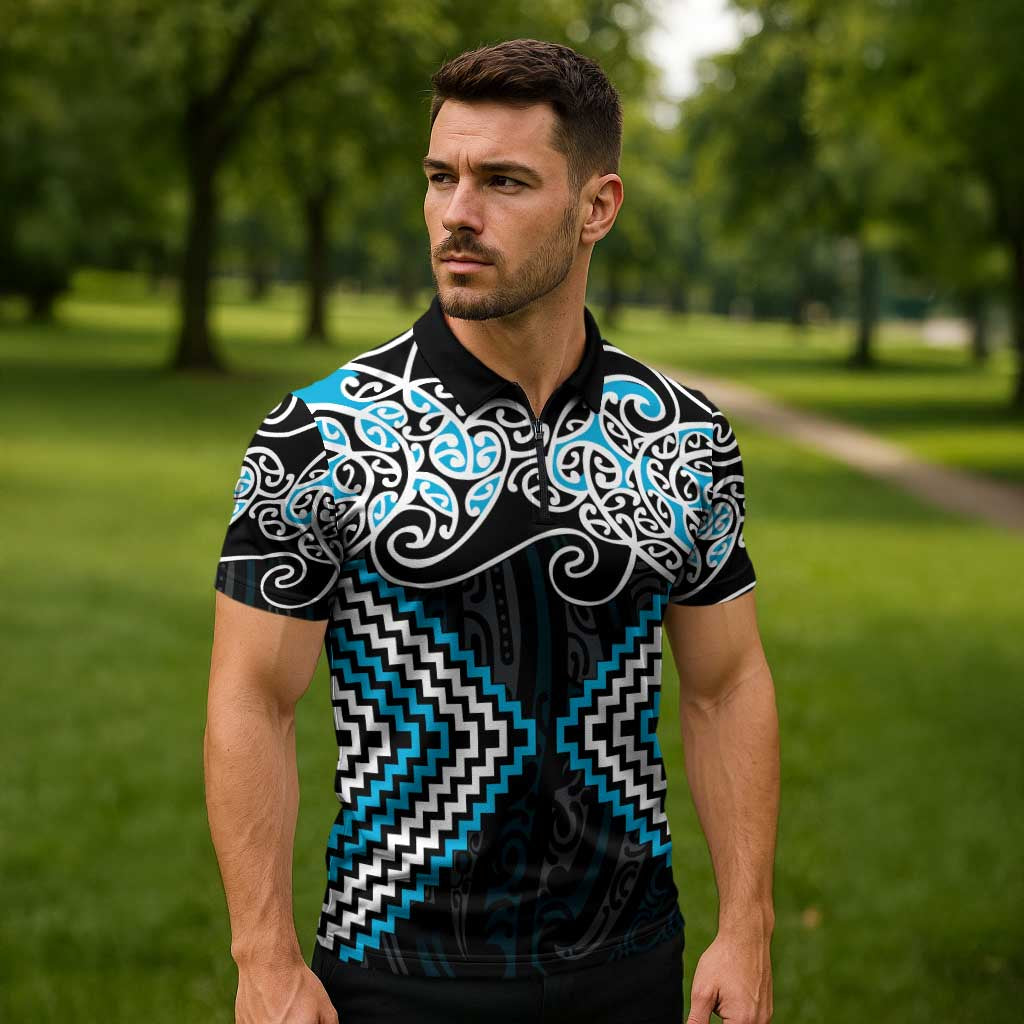Blue Aotearoa Tukutuku Manawa Tapu Zipper Polo Shirt Ta Moko Toi Maori LT9 - Polynesian Pride