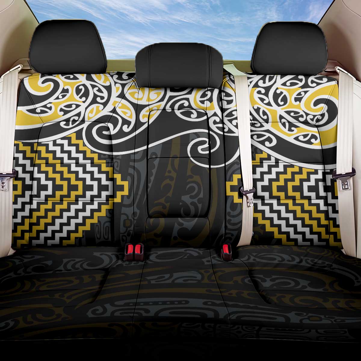 Gold Aotearoa Tukutuku Manawa Tapu Back Car Seat Cover Ta Moko Toi Maori LT9 One Size Gold - Polynesian Pride