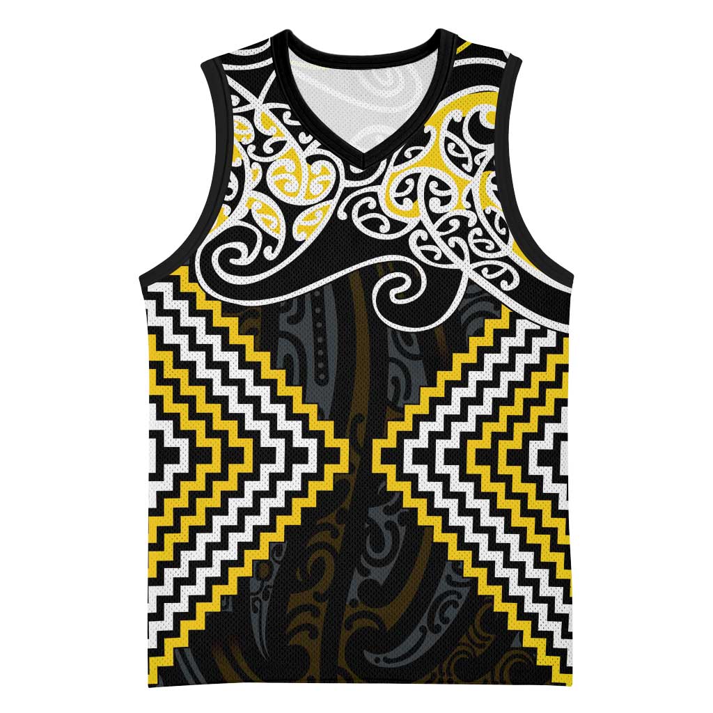 Gold Aotearoa Tukutuku Manawa Tapu Basketball Jersey Ta Moko Toi Maori LT9 Unisex Gold - Polynesian Pride