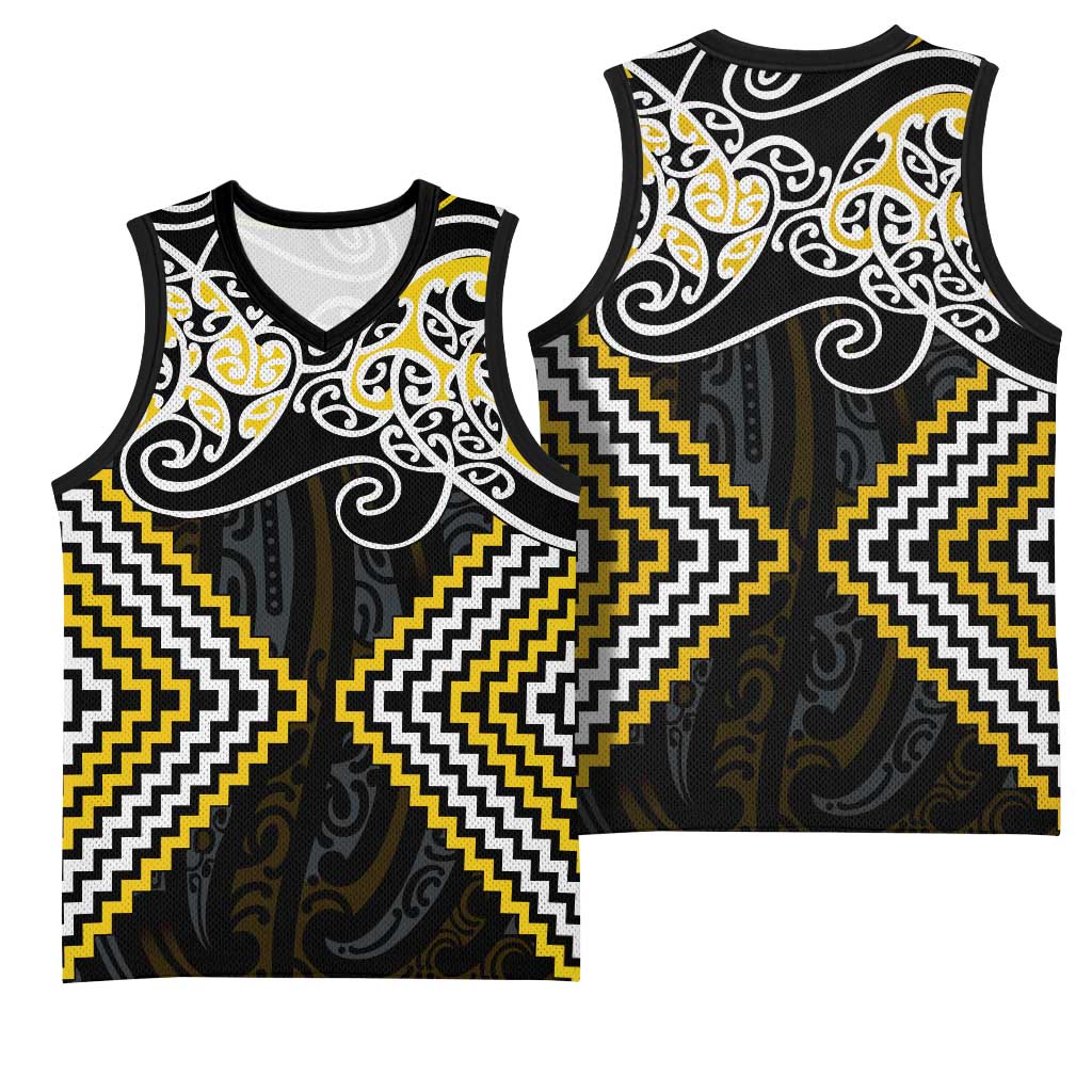 Gold Aotearoa Tukutuku Manawa Tapu Basketball Jersey Ta Moko Toi Maori LT9 - Polynesian Pride