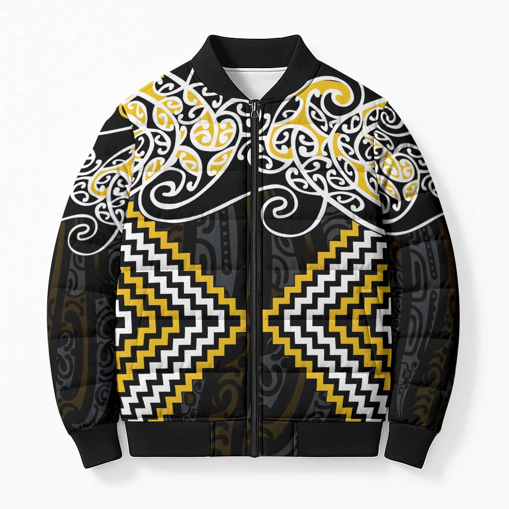 Gold Aotearoa Tukutuku Manawa Tapu Bomber Puffer Jacket Ta Moko Toi Maori LT9 Unisex Gold - Polynesian Pride