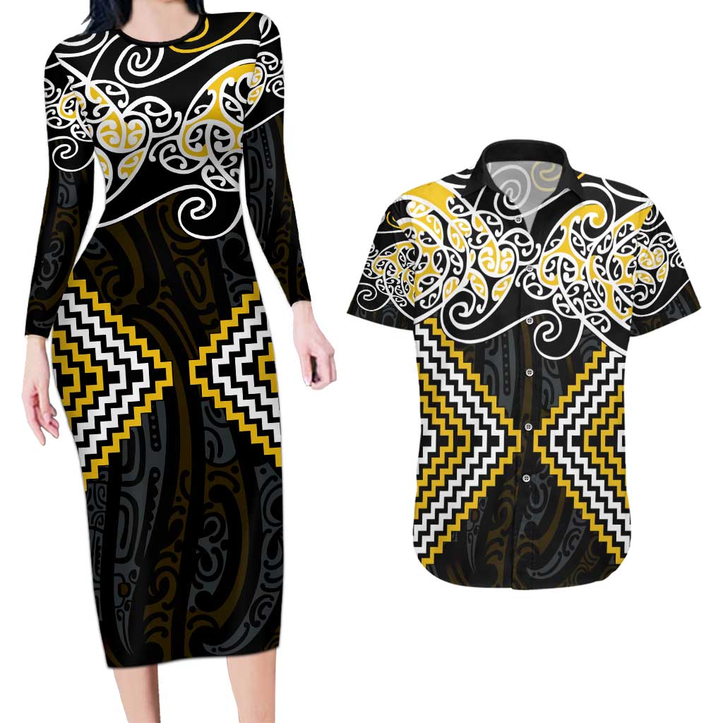 Gold Aotearoa Tukutuku Manawa Tapu Couples Matching Long Sleeve Bodycon Dress and Hawaiian Shirt Ta Moko Toi Maori LT9 Gold - Polynesian Pride