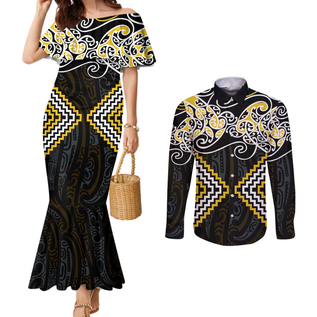 Gold Aotearoa Tukutuku Manawa Tapu Couples Matching Mermaid Dress and Long Sleeve Button Shirt Ta Moko Toi Maori LT9 Gold - Polynesian Pride