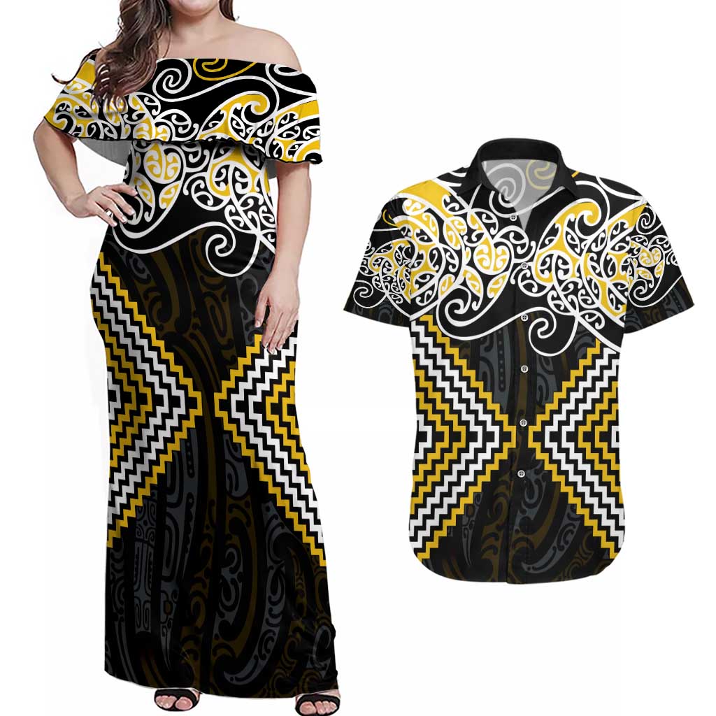 Gold Aotearoa Tukutuku Manawa Tapu Couples Matching Off Shoulder Maxi Dress and Hawaiian Shirt Ta Moko Toi Maori LT9 Gold - Polynesian Pride