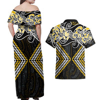 Gold Aotearoa Tukutuku Manawa Tapu Couples Matching Off Shoulder Maxi Dress and Hawaiian Shirt Ta Moko Toi Maori LT9 - Polynesian Pride